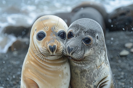 seal and sea lion on the beach in the antarcticaの写真素材