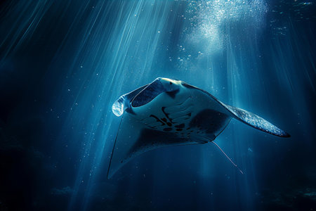 Manta ray swimming in the deep blue ocean. Underwater photography.の写真素材