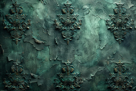 Turquoise metal texture with decorative elements, close-up.の写真素材