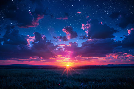 Sunset over the field. Beautiful sky with clouds and stars.
