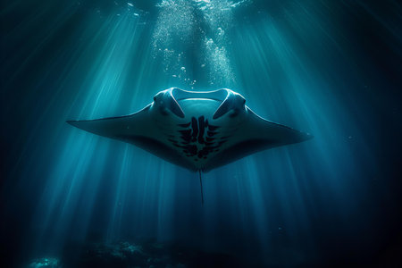 Manta ray in deep blue ocean. Underwater photography of a stingray.の写真素材