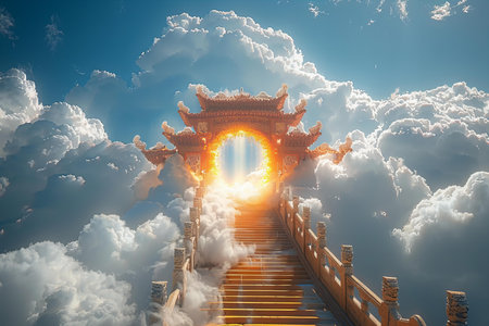 Chinese temple in the blue sky with white clouds and sun rays.の写真素材
