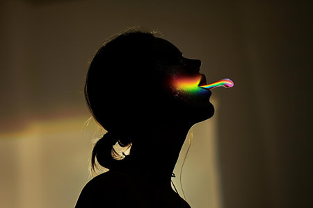 Silhouette of a little girl blowing a rainbow on a light backgroundの写真素材