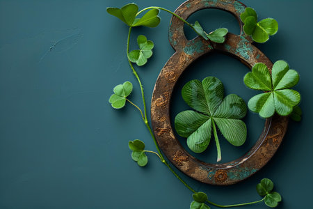 Clover leaves with horseshoe on green background, top viewの写真素材