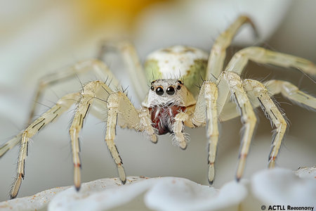 Macro spider on white flower petals, closeup of photoの写真素材