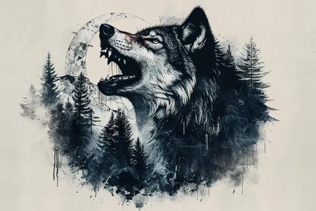 Hand drawn illustration of wolf howling at the moon in the forest.