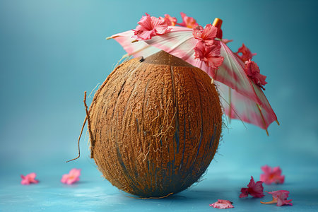 Coconut with umbrella and flowers on blue background. Summer conceptの写真素材