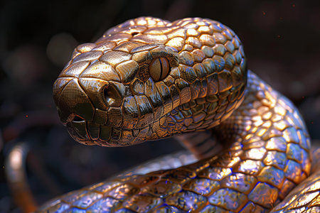 Close up of golden snake head, 3d rendering. Computer digital drawing.