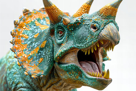 Close up of the head of a dinosaur with open mouth and teethの写真素材