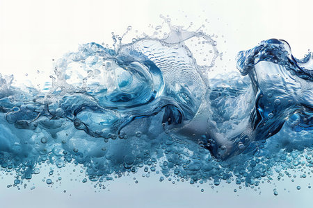 Clean blue water with bubbles on white background. 3d rendering.