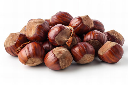 Group of chestnuts isolated on white background. Close-up.の写真素材
