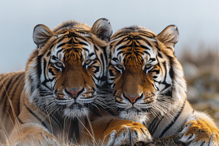 Close-up portrait of two tiger cubs, Panthera tigris altaica