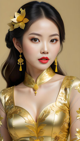 Beautiful asian woman in chinese traditional costume with yellow flowersの写真素材
