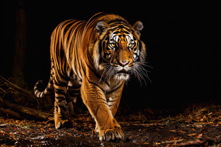 Portrait of a tiger in the dark. Tiger in the forest.の写真素材