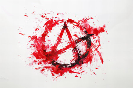 Symbol painted with red paint on a white backgroundの写真素材