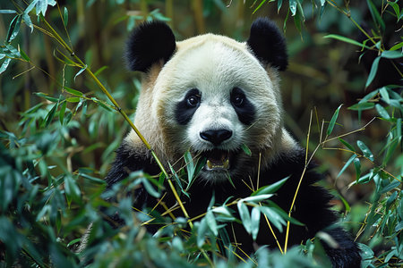 Giant panda bear eating bamboo leaves in the bamboo forest.の写真素材