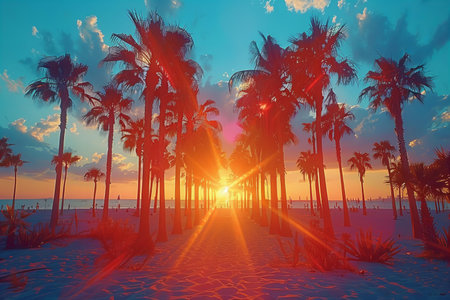 Beautiful sunset over the beach with palm trees. 3d renderingの写真素材