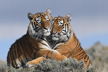Two Siberian tigers (Panthera tigris altaica) resting in grasslandの写真素材