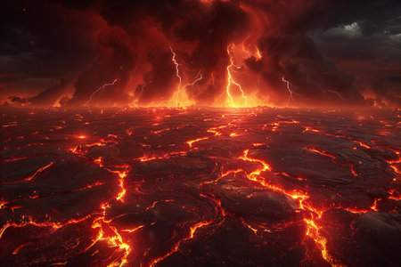 Fiery thunderstorm over the sea, 3d render illustration.の写真素材