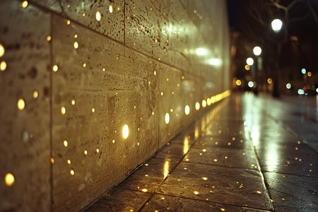 Night city street lights and cobblestone pavement. Defocused backgroundの写真素材