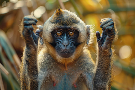 Portrait of a monkey sitting on the palm tree in the jungleの写真素材