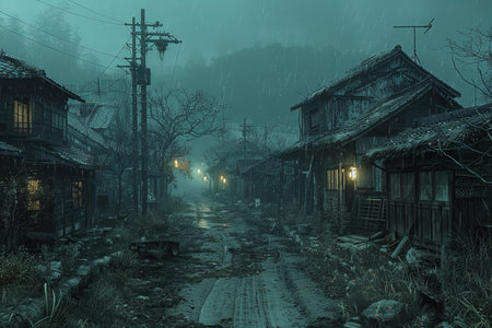 Foggy morning in the old village of Shirakawa-goの写真素材