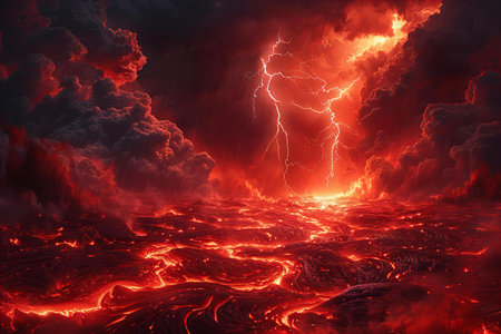 Fiery stormy sky with lightning. 3d render illustration.の写真素材