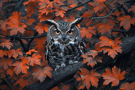 Beautiful owl sitting on a branch in the autumn forest. Toned.の写真素材