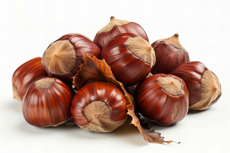 Fresh chestnuts on a white background, close-up, horizontalの写真素材