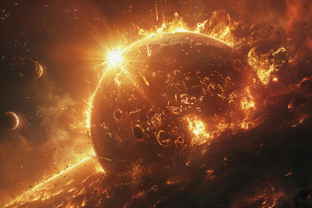 Fiery planet with the sun in the space. 3d renderの写真素材