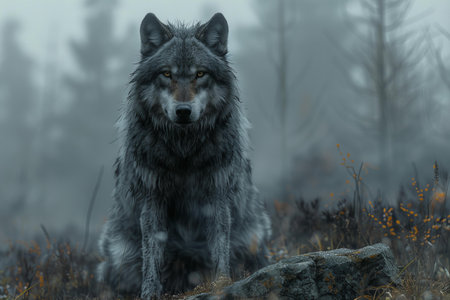Grey wolf in the autumn forest on a foggy day. 3d rendering