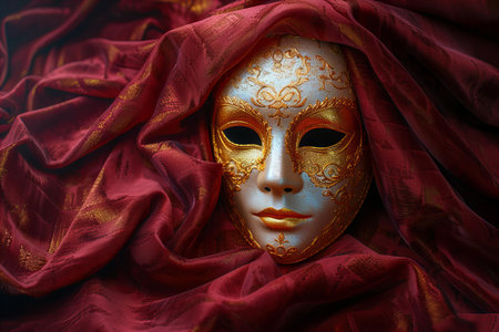 Venetian carnival mask on red silk background, closeupの写真素材