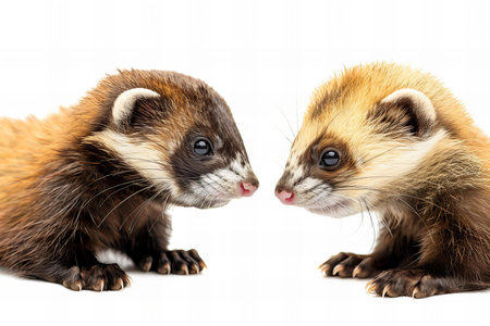 Two ferret on a white background, isolated, close-up