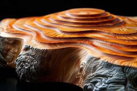 Macro shot of a piece of wood on a black background.の写真素材