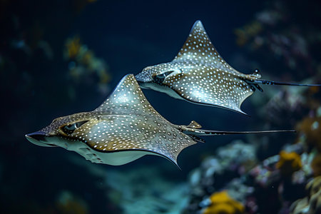 Two stingrays swimming in the deep water. Underwater world.の写真素材