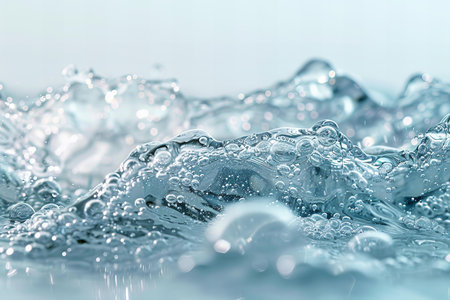 Water splash with bubbles on a light blue background. Close up.
