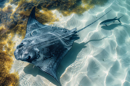Manta ray and fish in the sea. Underwater view.の写真素材