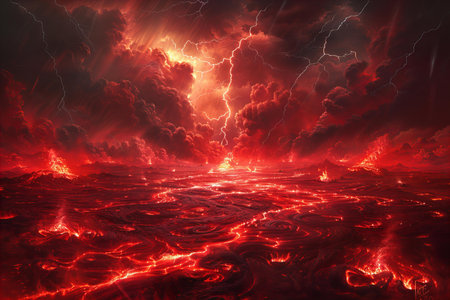Fiery thunderstorm in the night sky. 3D illustration.