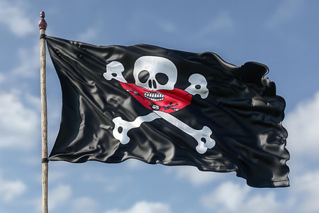 Pirate flag waving in the wind with skull and crossbones on itの写真素材