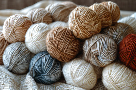 Wool balls of yarn for knitting on a wooden background closeupの写真素材