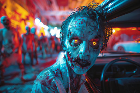 Zombie man in abandoned factory. Horror movie. Halloween concept.の写真素材