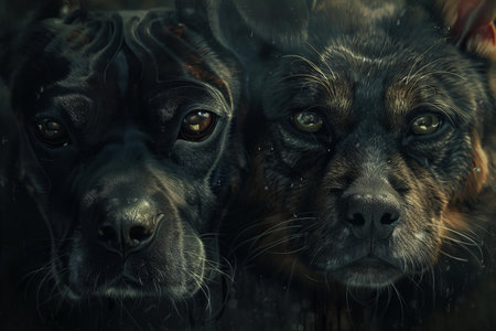 Two dogs looking at the camera through a window in a dark room