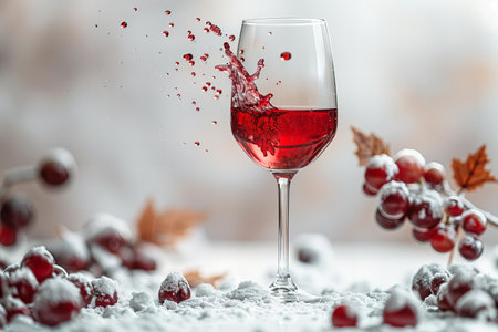 Glass of red wine on the background of winter landscape with berries and leavesの写真素材
