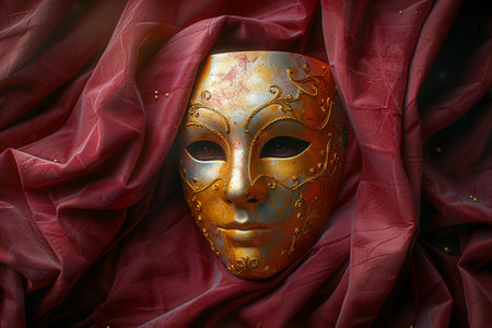 Traditional Venetian carnival mask on red silk background, Venice, Italyの写真素材