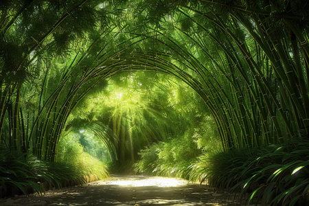 Bamboo tunnel in the forest with sunlight. 3d illustration.の写真素材