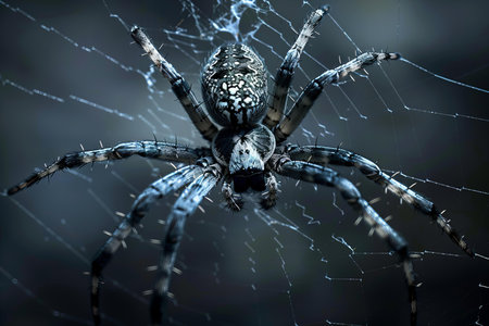 Close up of a spider in the web on a dark background.