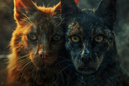 Two cats in the forest. Red and black cat with yellow eyes.の写真素材