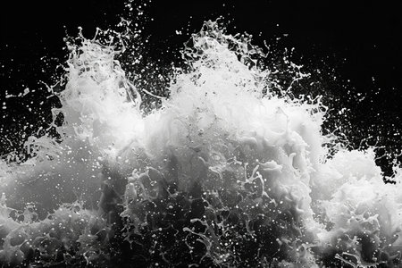 Splashes of water on a black background. Black and white.の写真素材