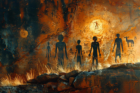 Mystical scene with silhouettes of ancient people on grunge backgroundの写真素材