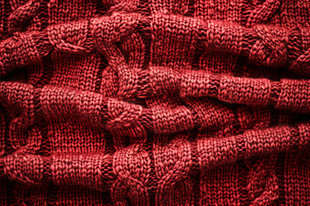Red knitted background. Close-up image of a knitted pattern.の写真素材